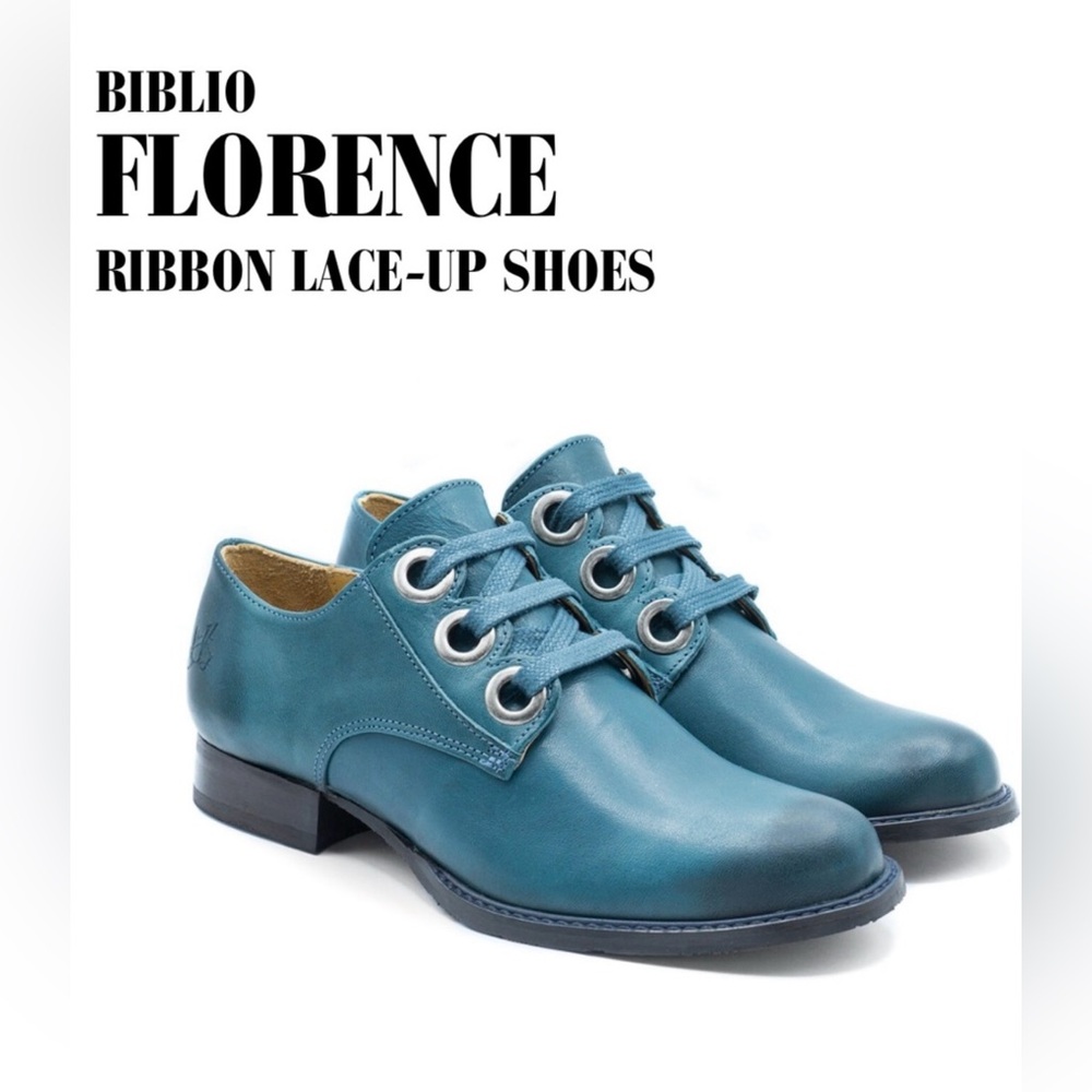 John Fluevog BIBLIO FLORENCE RIBBON LACE-UP SHOES Blue/Green size 11